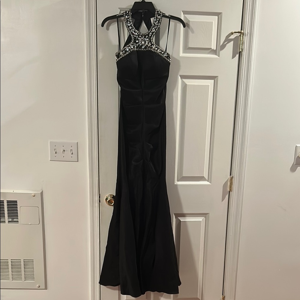 Xscape Black and Red Halter Backless Gown